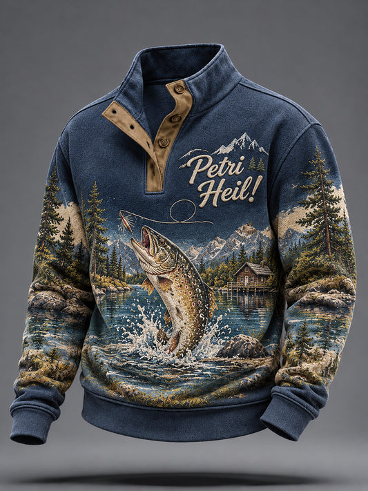 Herren-Sweatshirt mit lustigem Angler-Slogan und vier Knöpfen