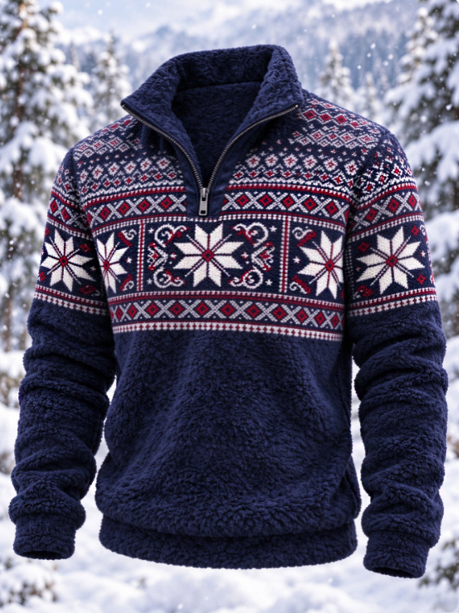 Herren-Flanell-Sweatshirt im nordischen Fair-Isle-Stil mit geometrischem Schneeflockenmuster