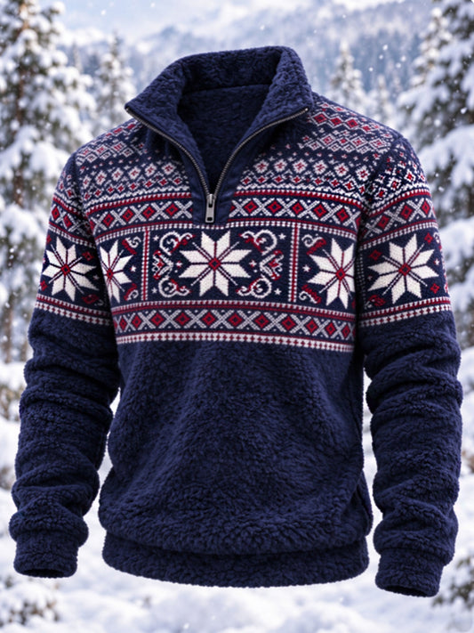 Herren-Flanell-Sweatshirt im nordischen Fair-Isle-Stil mit geometrischem Schneeflockenmuster