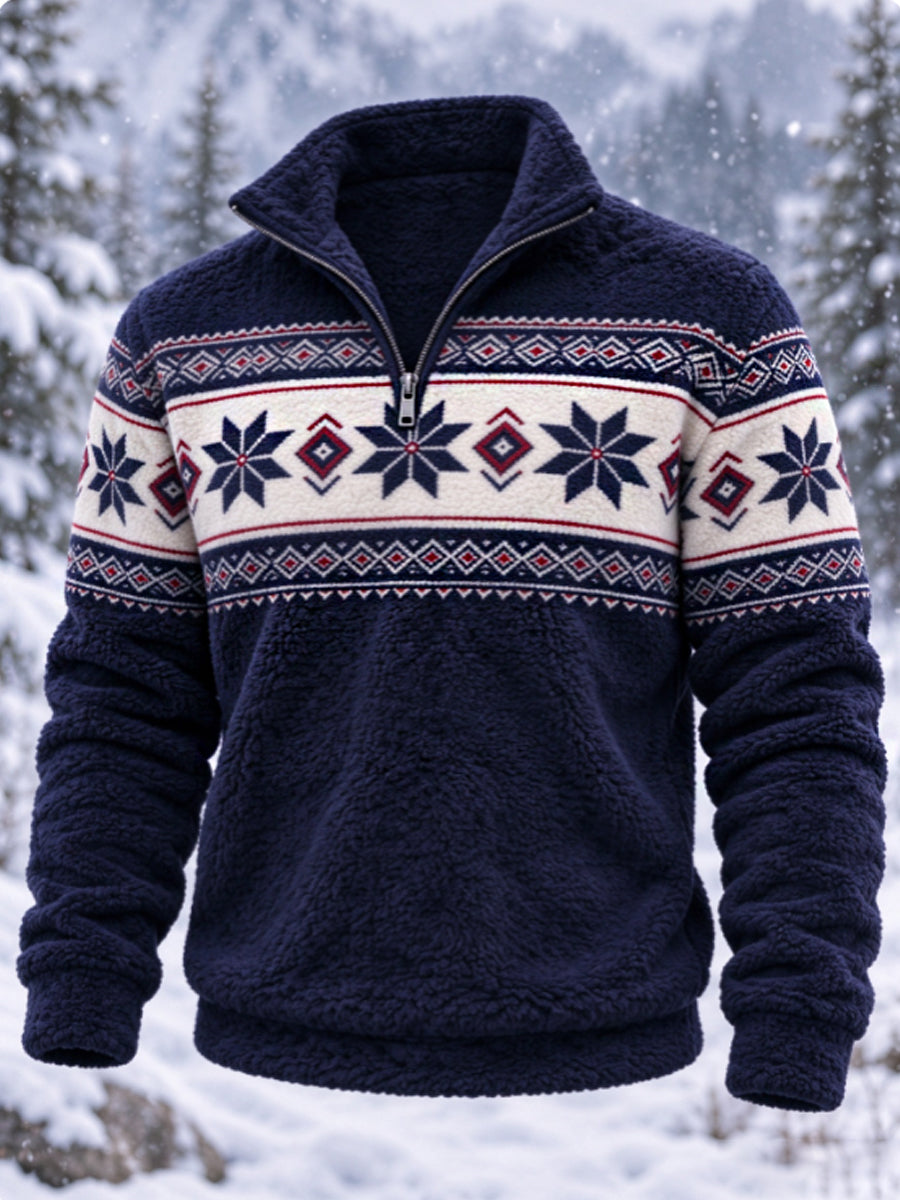 Herren-Flanell-Sweatshirt im nordischen Fair-Isle-Stil mit geometrischem Schneeflockenmuster
