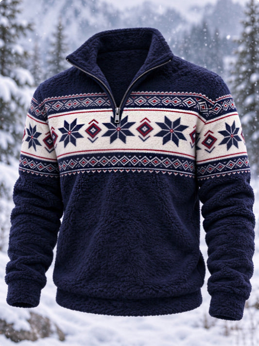 Herren-Flanell-Sweatshirt im nordischen Fair-Isle-Stil mit geometrischem Schneeflockenmuster