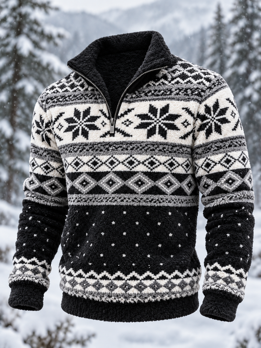 Herren-Flanell-Sweatshirt im nordischen Fair-Isle-Stil mit geometrischem Schneeflockenmuster