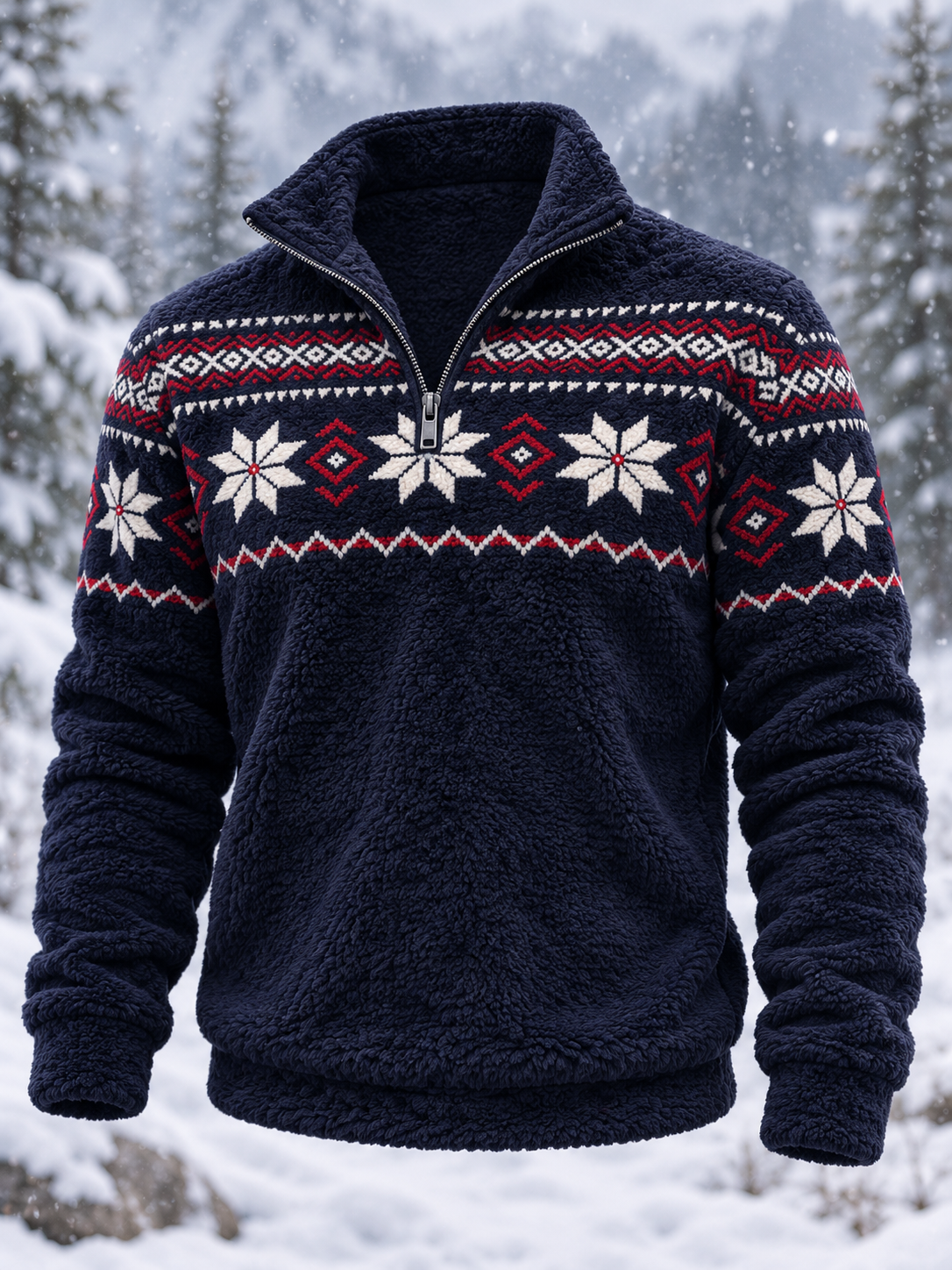 Herren-Flanell-Sweatshirt im nordischen Fair-Isle-Stil mit geometrischem Schneeflockenmuster