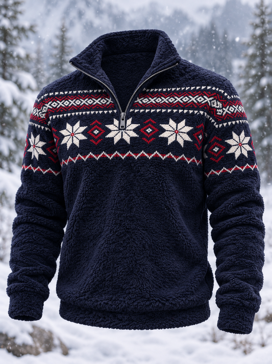 Herren-Flanell-Sweatshirt im nordischen Fair-Isle-Stil mit geometrischem Schneeflockenmuster