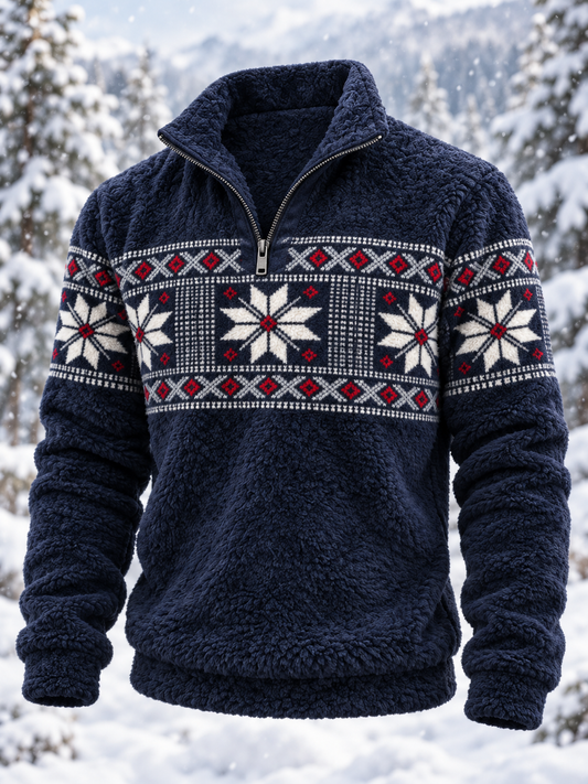 Herren-Flanell-Sweatshirt im nordischen Fair-Isle-Stil mit geometrischem Schneeflockenmuster
