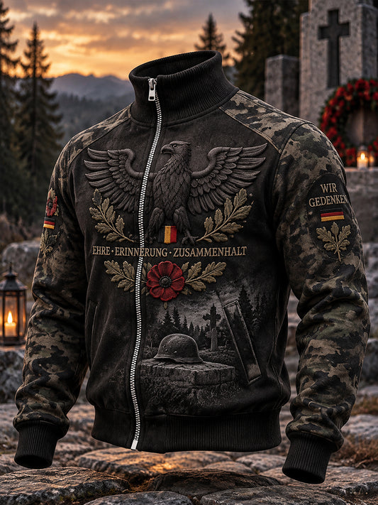 Herren-Jacke mit hohem Kragen und Veteranen-Gedenkmotiv