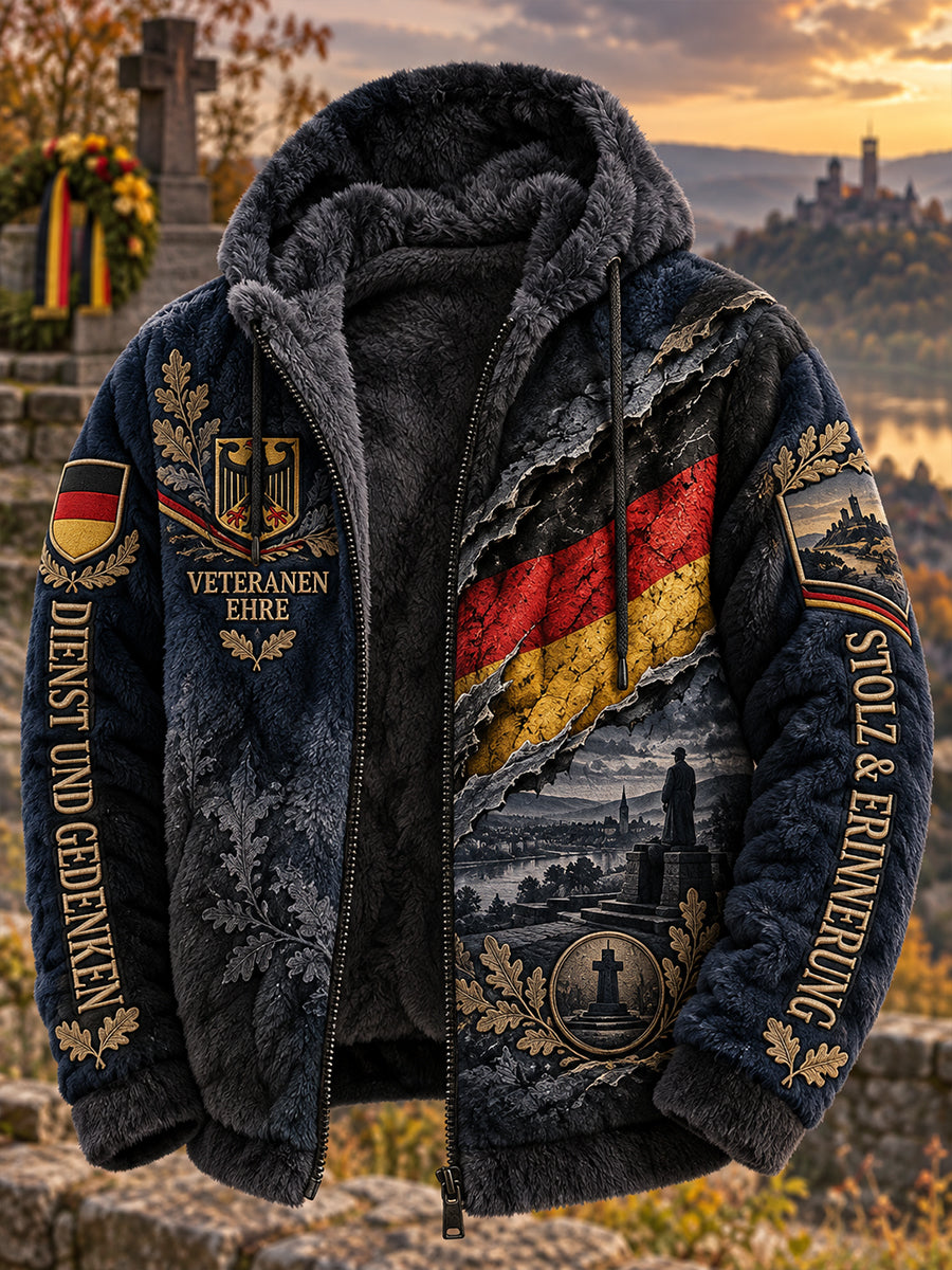 Herren-Kapuzenjacke aus Flanell mit Veteranendenkmal-Motiv