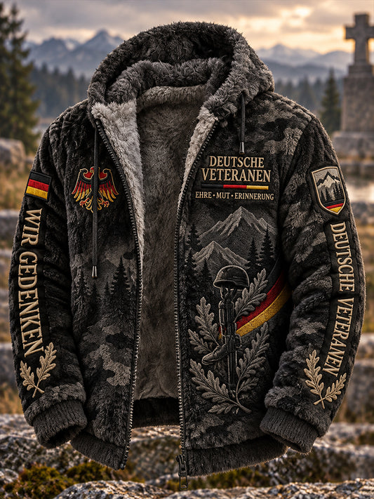 Herren-Kapuzenjacke aus Flanell mit Veteranendenkmal-Motiv