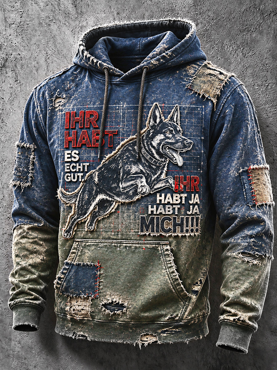 Herren Retro Deutsches Sprichwort Schäferhund Print Casual Kapuzen Sweatshirt