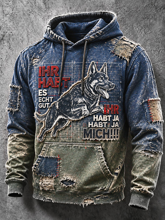 Herren Retro Deutsches Sprichwort Schäferhund Print Casual Kapuzen Sweatshirt
