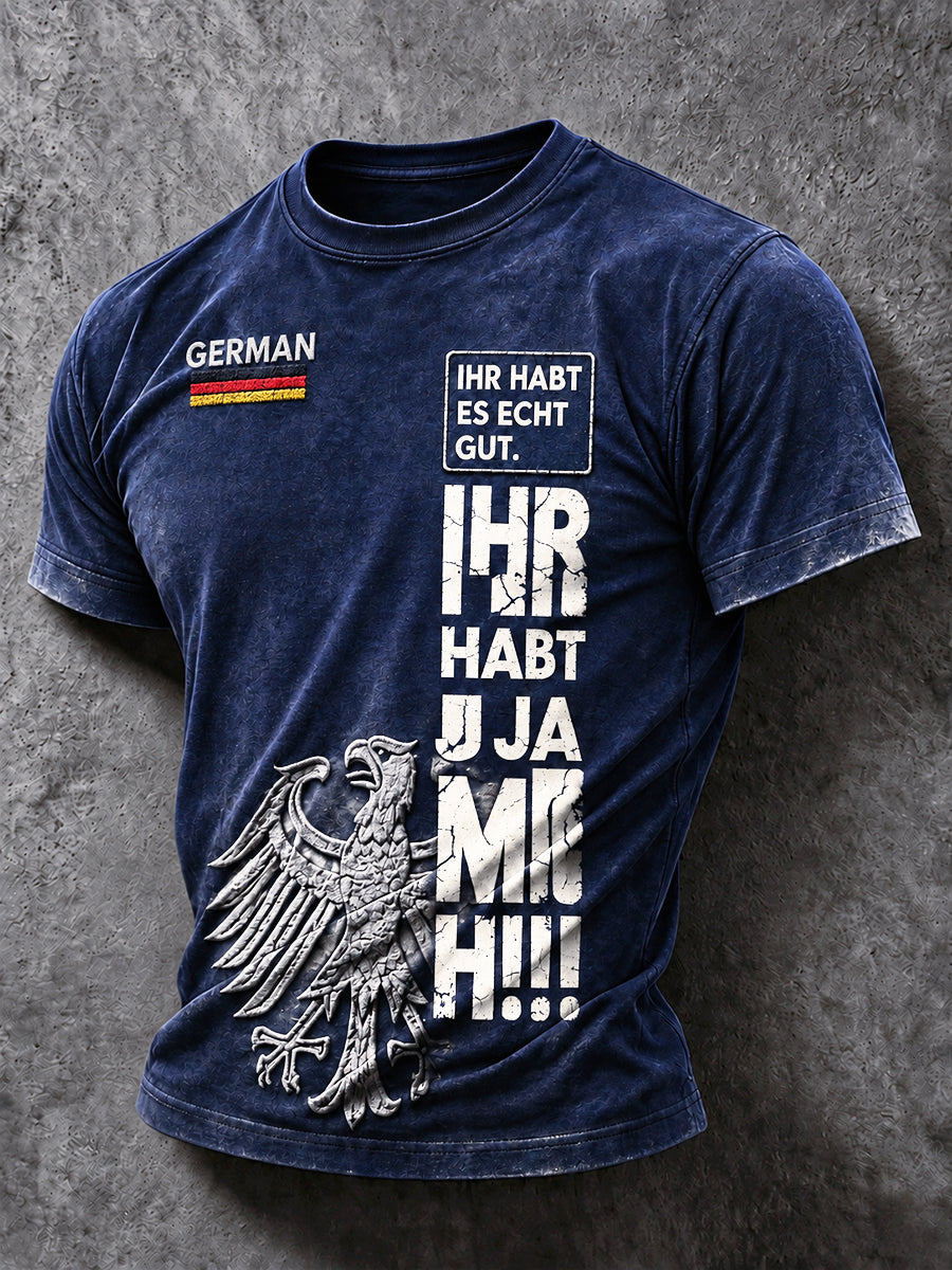 Herren-Kurzarm-T-Shirt mit deutschem Sprichwort druck dunkelblau