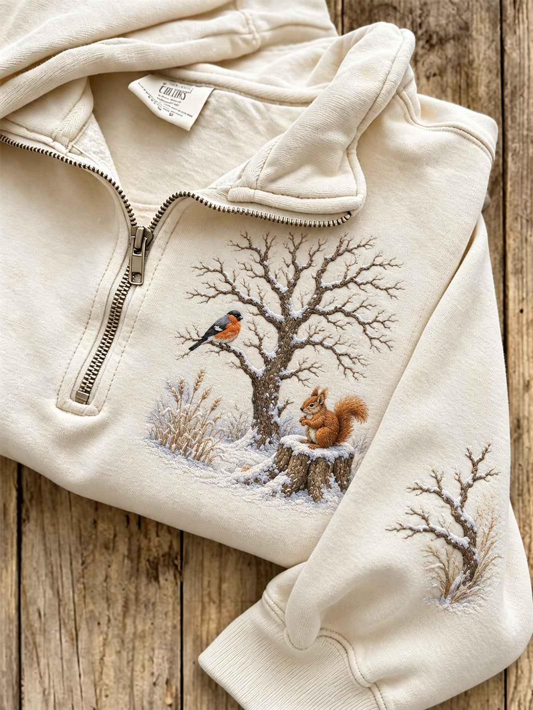Damen Winter Wald Eichhörnchen und Vögel Muster Design Casual Half-Zip Sweatshirt