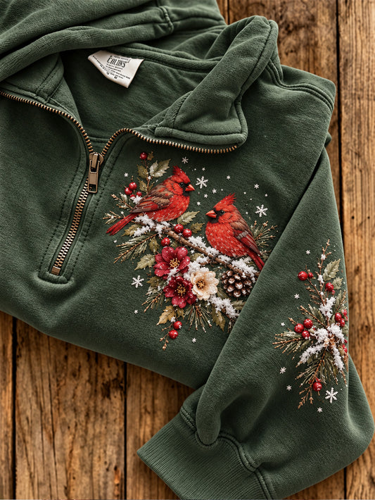 Frauen Winter Wald rot Kardinal Muster Design Casual Half-Zip Sweatshirt