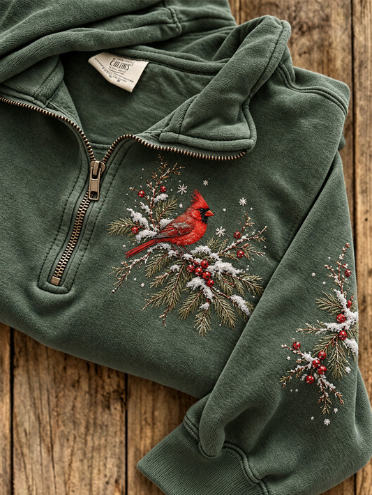 Damen-Winterpullover im Wald-Design mit rotem Kardinal-Muster, lässig, mit halbem Reißverschluss