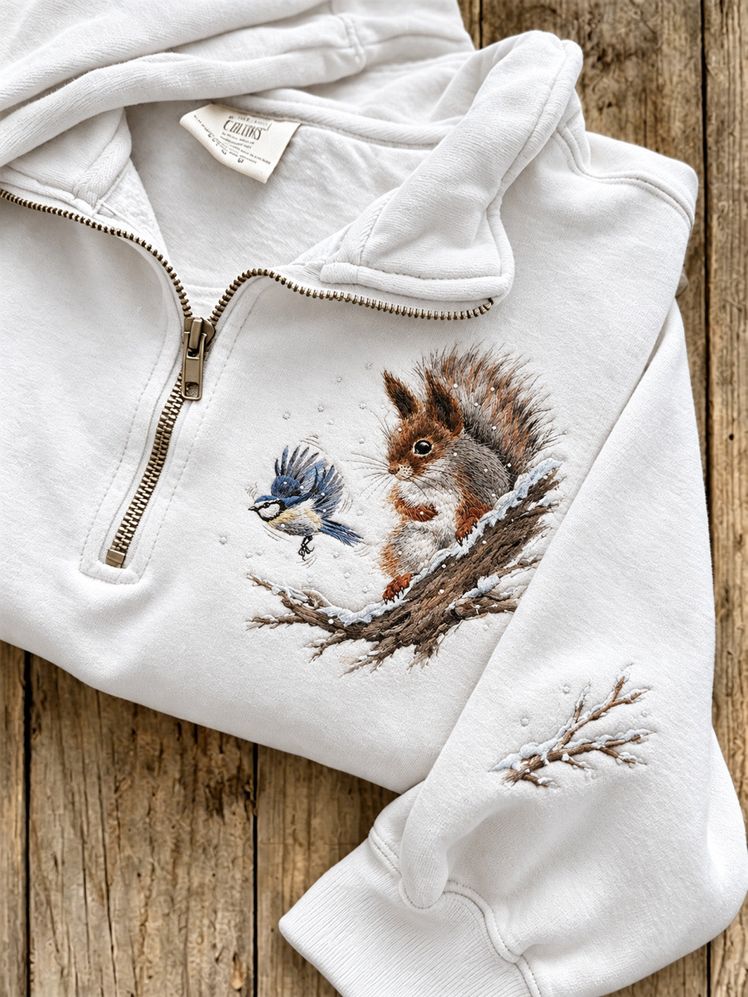 Damen-Sweatshirt mit Eichhörnchen und Vogel muster, lässiges Sweatshirt mit halbem Reiß verschluss