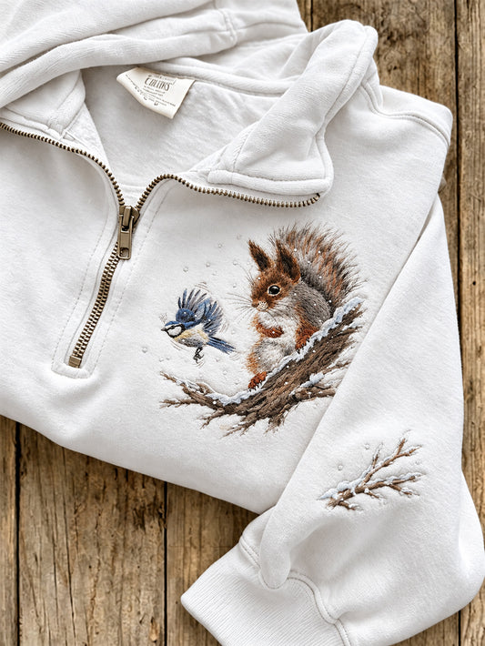 Damen-Sweatshirt mit Eichhörnchen und Vogel muster, lässiges Sweatshirt mit halbem Reiß verschluss
