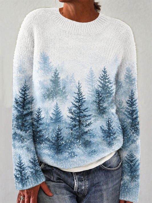 Damen Winter Wald Muster lässig Rundhals pullover