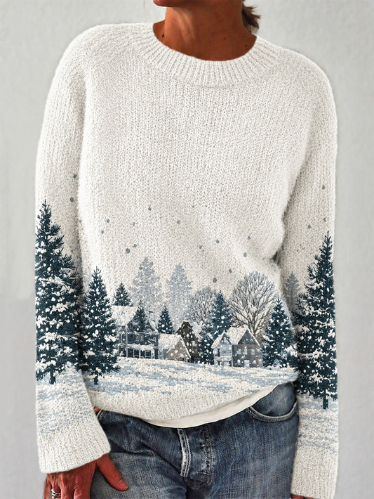 Damen-Winterpullover mit Waldmuster, lässig, Rundhalsausschnitt