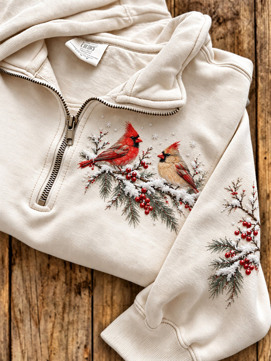 Damen-Winterpullover im Wald-Design mit rotem Kardinal-Muster, lässig, mit halbem Reißverschluss