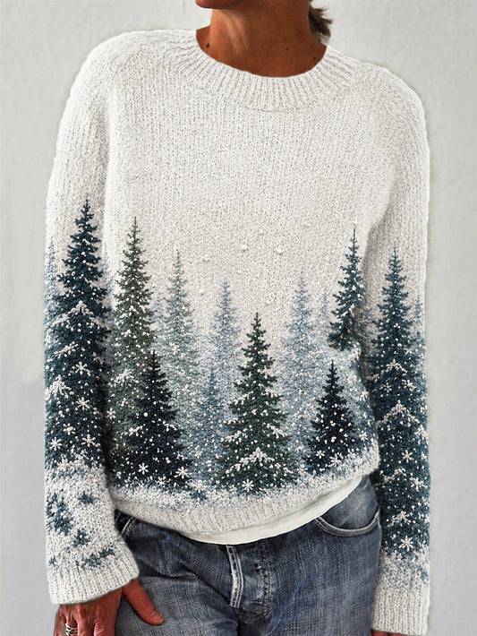 Damen-Winterpullover mit Waldmuster, lässig, Rundhalsausschnitt