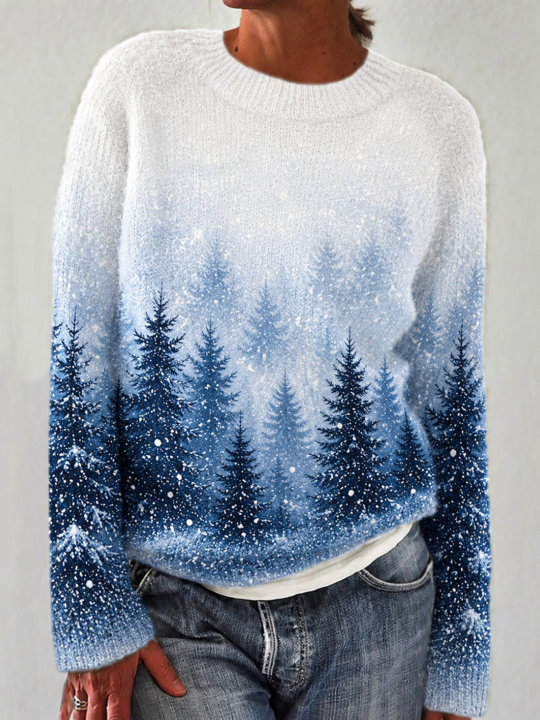 Damen-Winterpullover mit Waldmuster, lässig, Rundhalsausschnitt