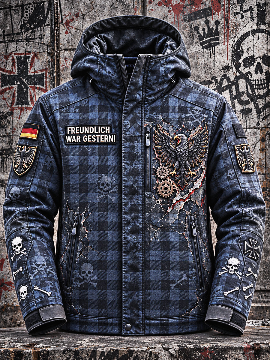 Herren-Vintage-Windjacke in Blau mit Karomuster und deutschem Print, lässiger Stil