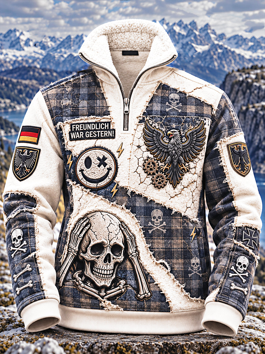 Herren-Retro-Sweatshirt im deutschen Tartan-Muster, Patchwork-Design, lässig, mit Fleece gefüttert