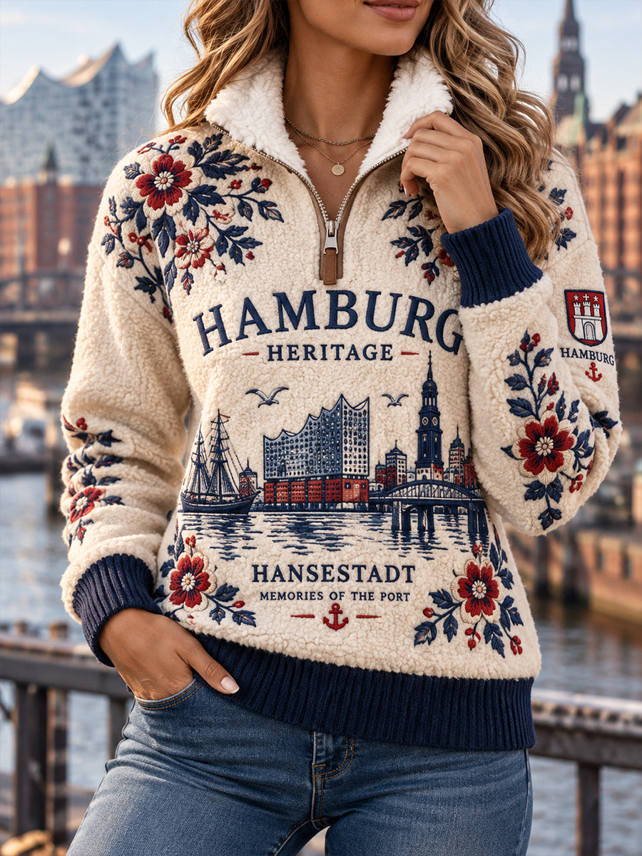 Damen-Sweatshirt mit Fleece-Innenfutter, hohem Kragen und Vintage-Prints im Stil städtischer Souvenirs