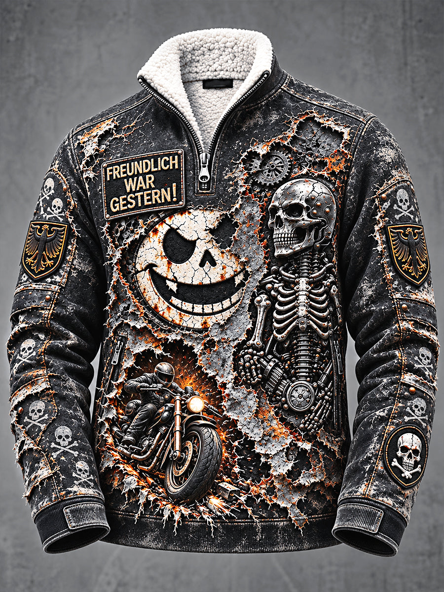 Herren-Retro-Punk-Sweatshirt mit deutschem Totenkopf-Print und Fleece-Innenfutter