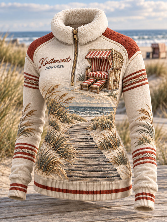 Damen-Küstenkunst-Fleecegefüttertes Reißverschluss-Sweatshirt