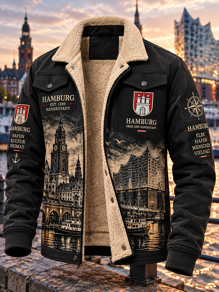 Herrenjacke im Vintage-Stil mit urbanem Motiv und Fleece-Futter