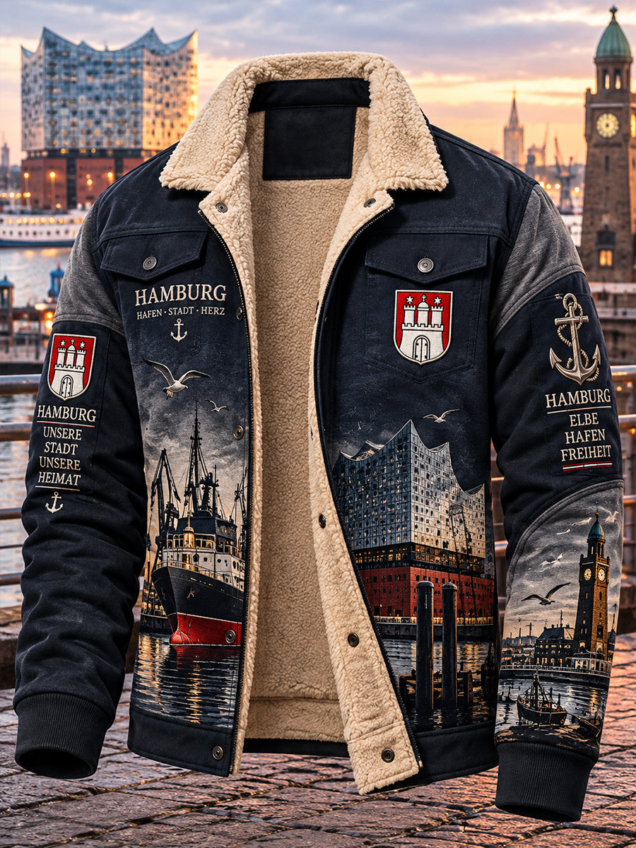 Herrenjacke im Vintage-Stil mit urbanem Motiv und Fleece-Futter