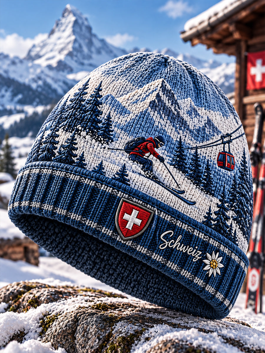 Herren-Strickmütze mit Alpin-Ski-Motiv