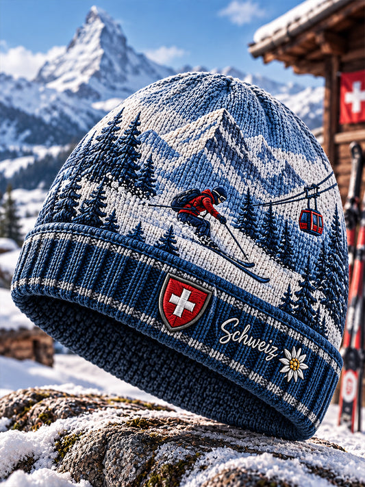Herren-Strickmütze mit Alpin-Ski-Motiv