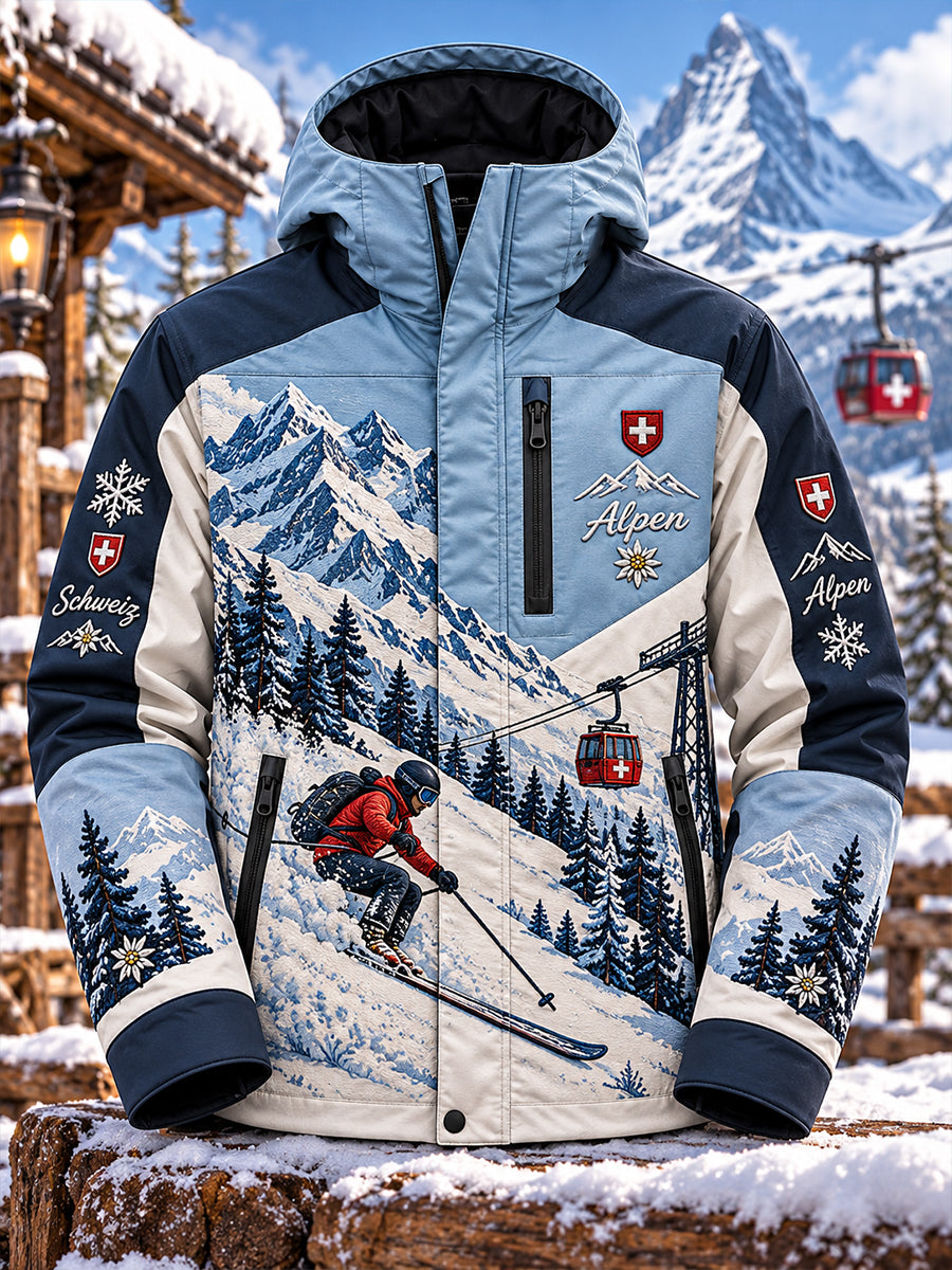 Herren-Skijacke mit Alpin-Ski-Motiv-Druck