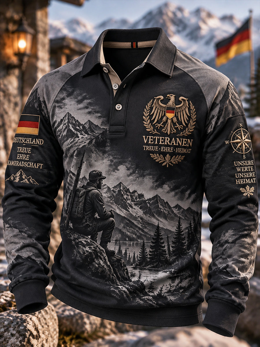Herren-Poloshirt mit langen Raglanärmeln und Veteranendenkmal-Design