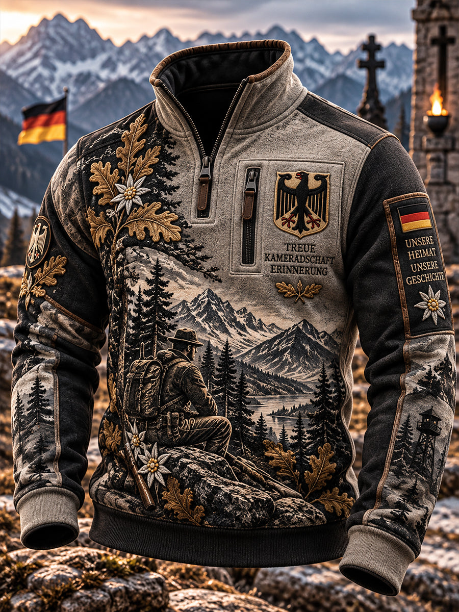 Herren-Sweatshirt mit Grafikdruck zum Thema Veteranen-Gedenken, Mock-Neck und langen Ärmeln