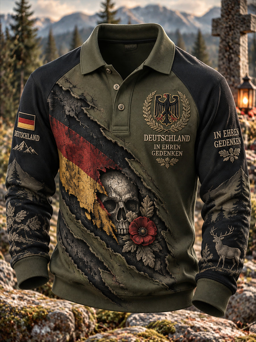 Herren-Poloshirt mit langen Raglanärmeln und Veteranendenkmal-Design