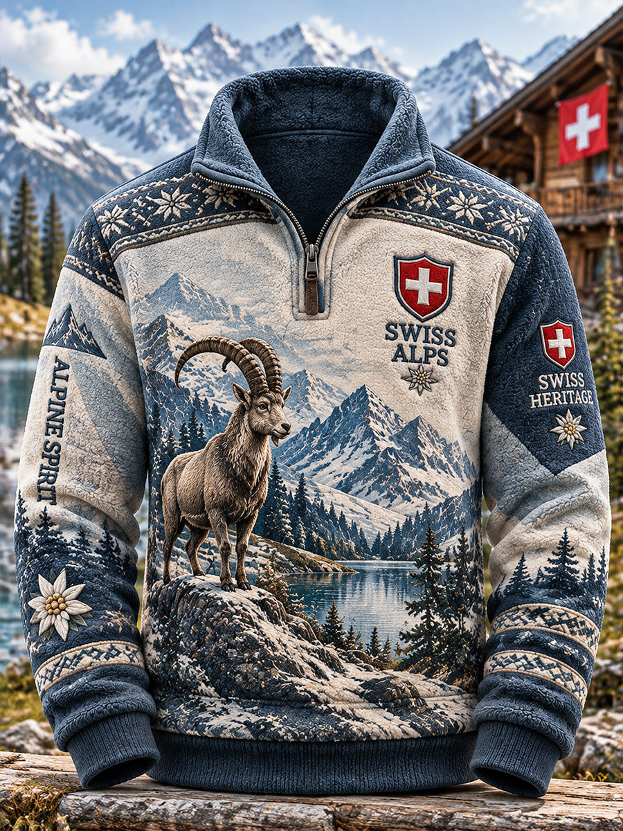 Herren-Sweatshirt mit Alpin-Motiv und Mock-Neck