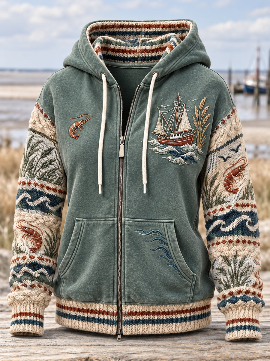 Damen-Casual-Sweatshirt mit V-Ausschnitt und Küstenmotiv