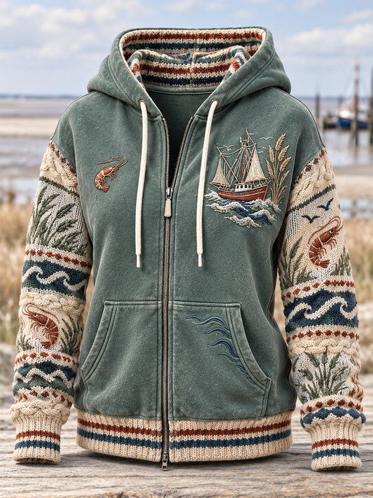 Damen-Casual-Sweatshirt mit V-Ausschnitt und Küstenmotiv
